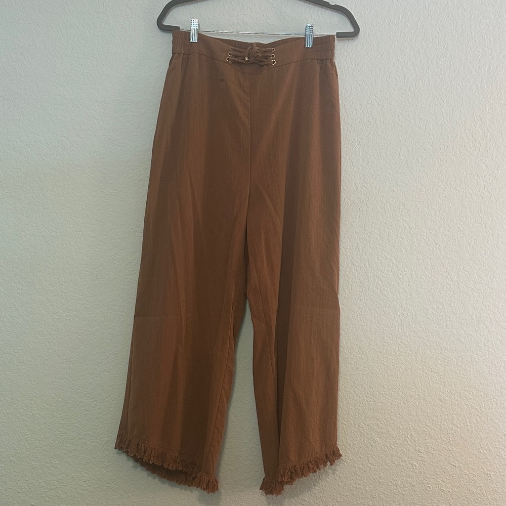 Grace Karin Brown Wide Leg Fringe Hem Pants